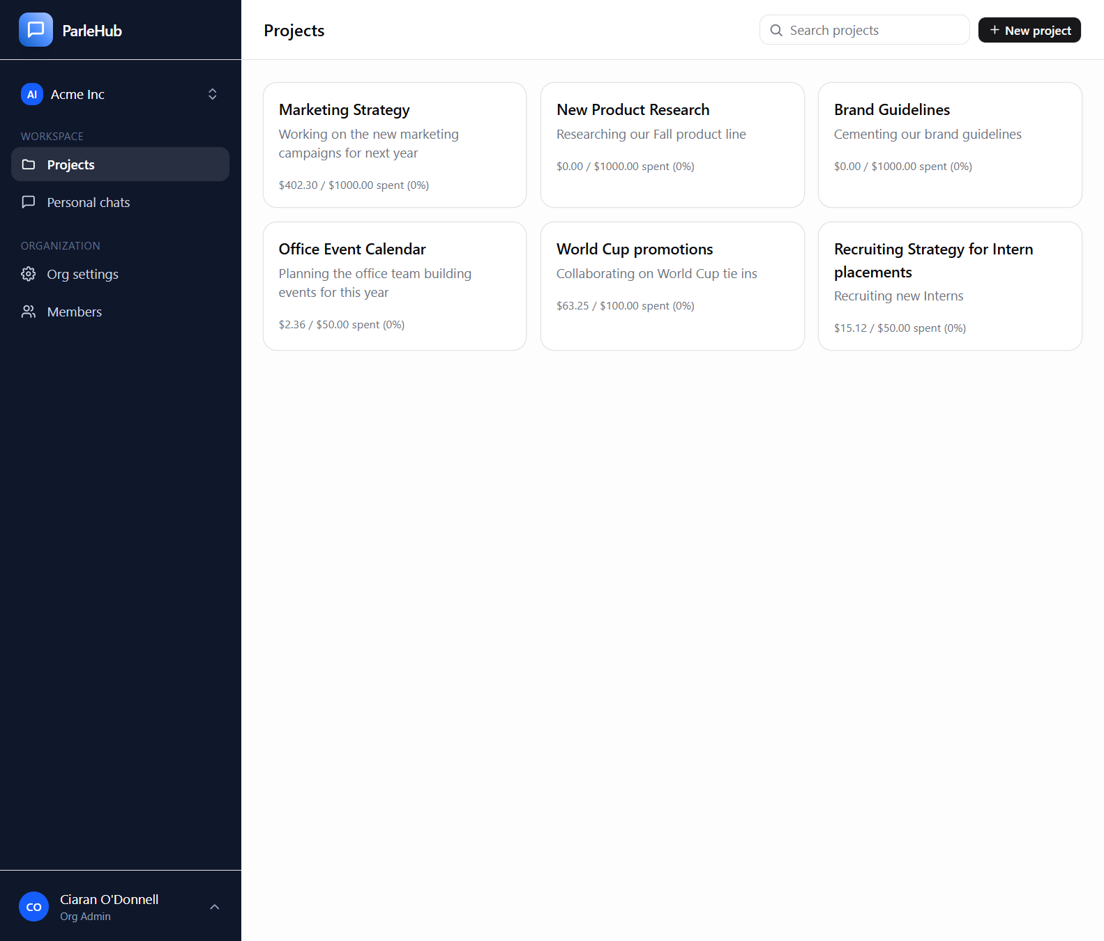 Screenshot of ParleHub's shared workspace interface