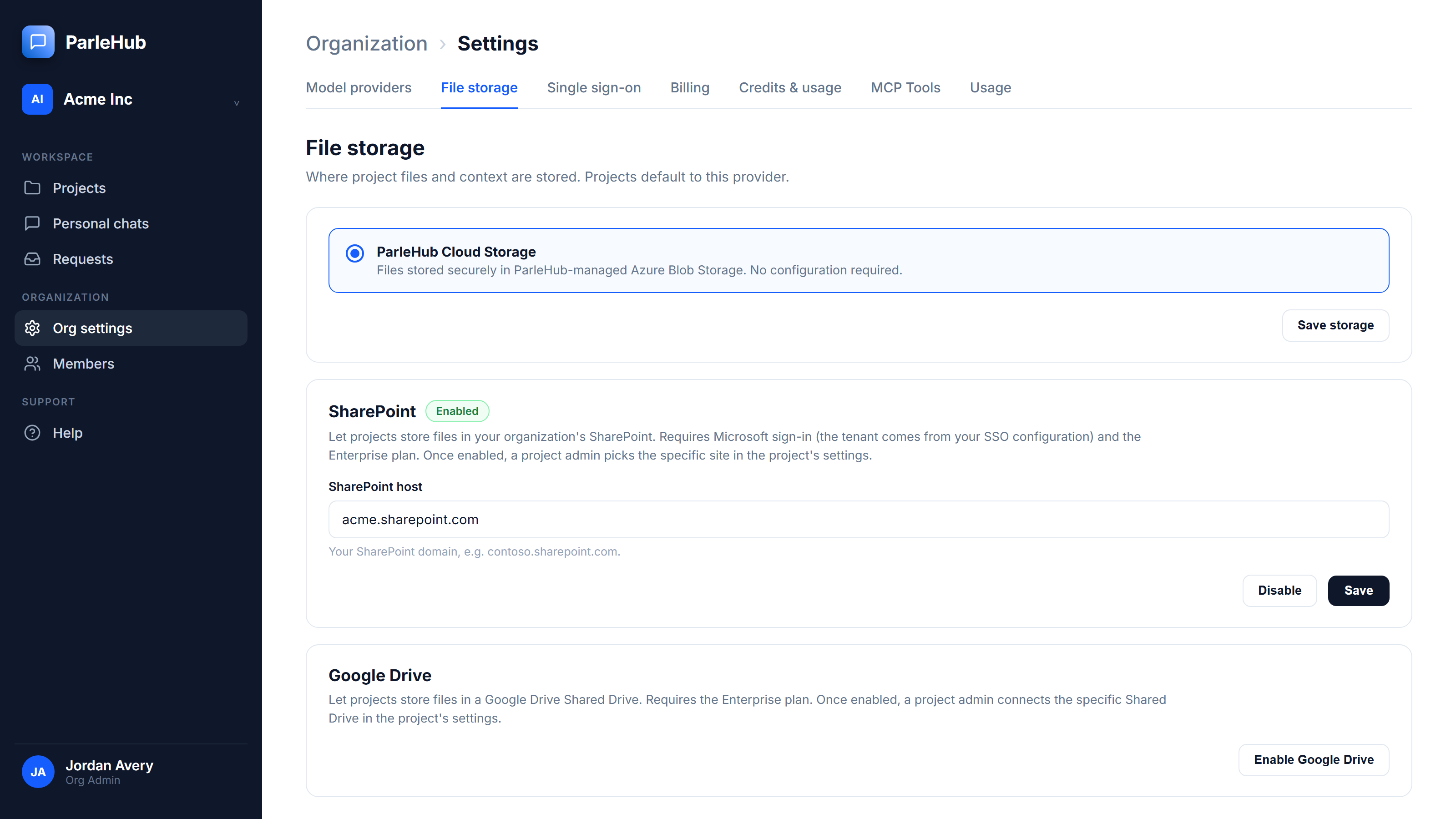 Screenshot of a ParleHub project's storage settings, showing SharePoint selected as the connected document library so project files stay in the organization's own Microsoft 365 tenant